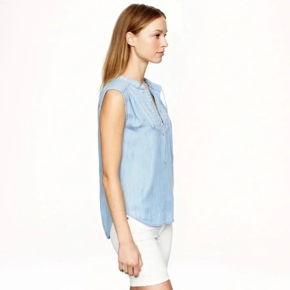 NWT J.Crew Embroidered Chambray Sleeveless Tassel Top - Picture 1 of 4